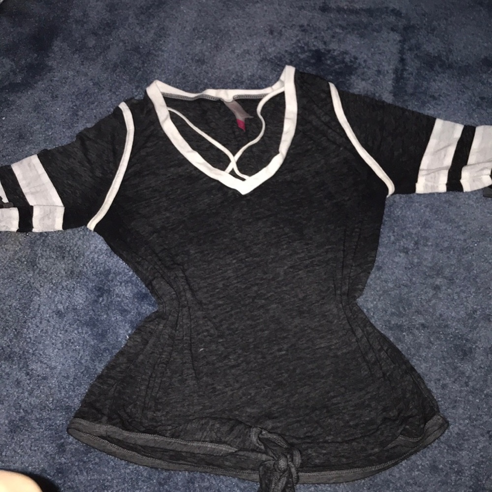 Grey and white top.